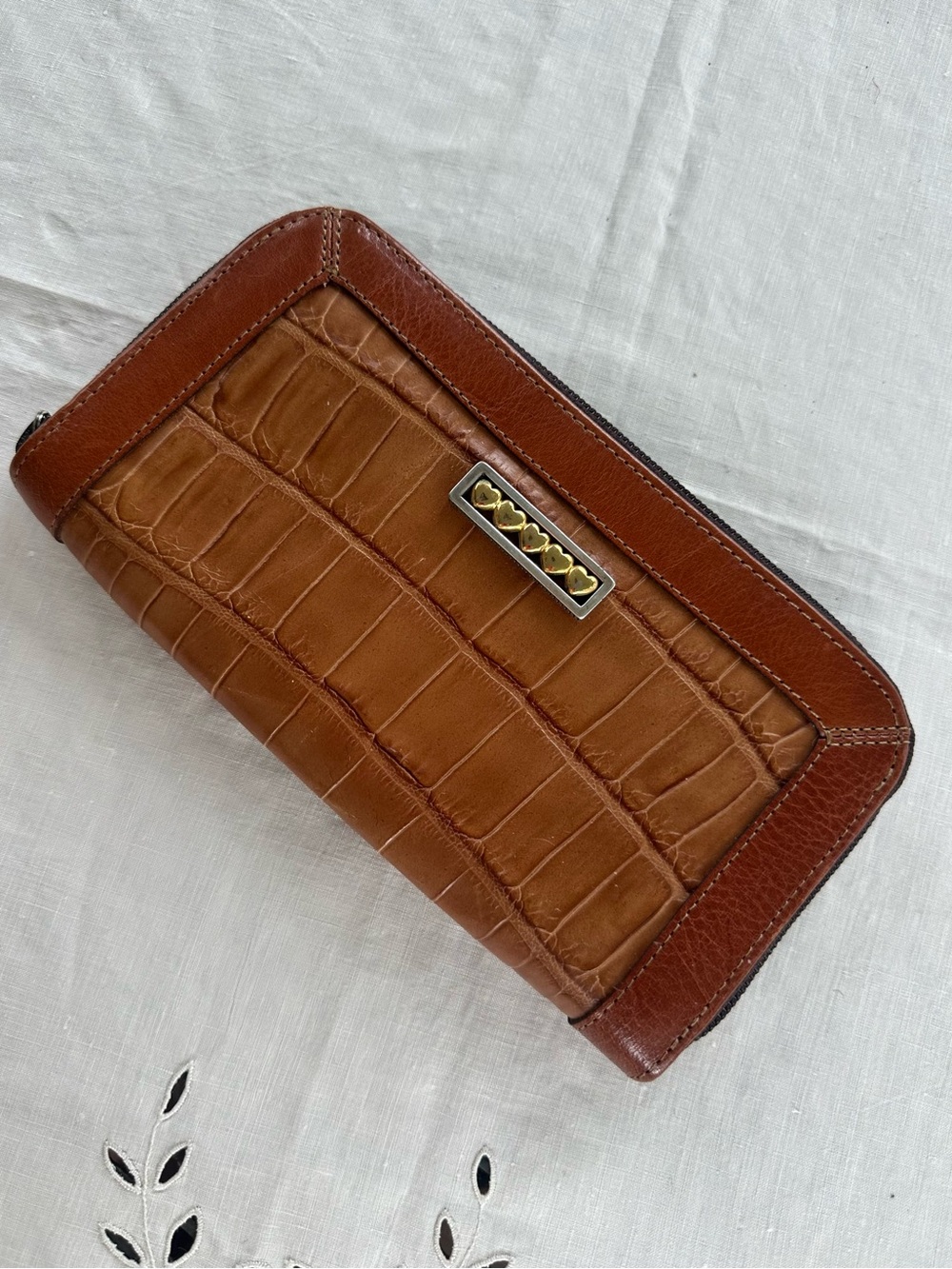Leather Zip Around Wallet with Gold Heart Accent - Brown